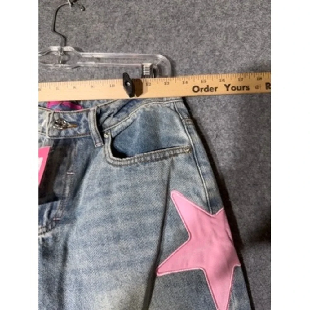 Edikted Trish Satin Effect Pink Stars Low Rise Wide Leg Baggy Jean Light Blue XS